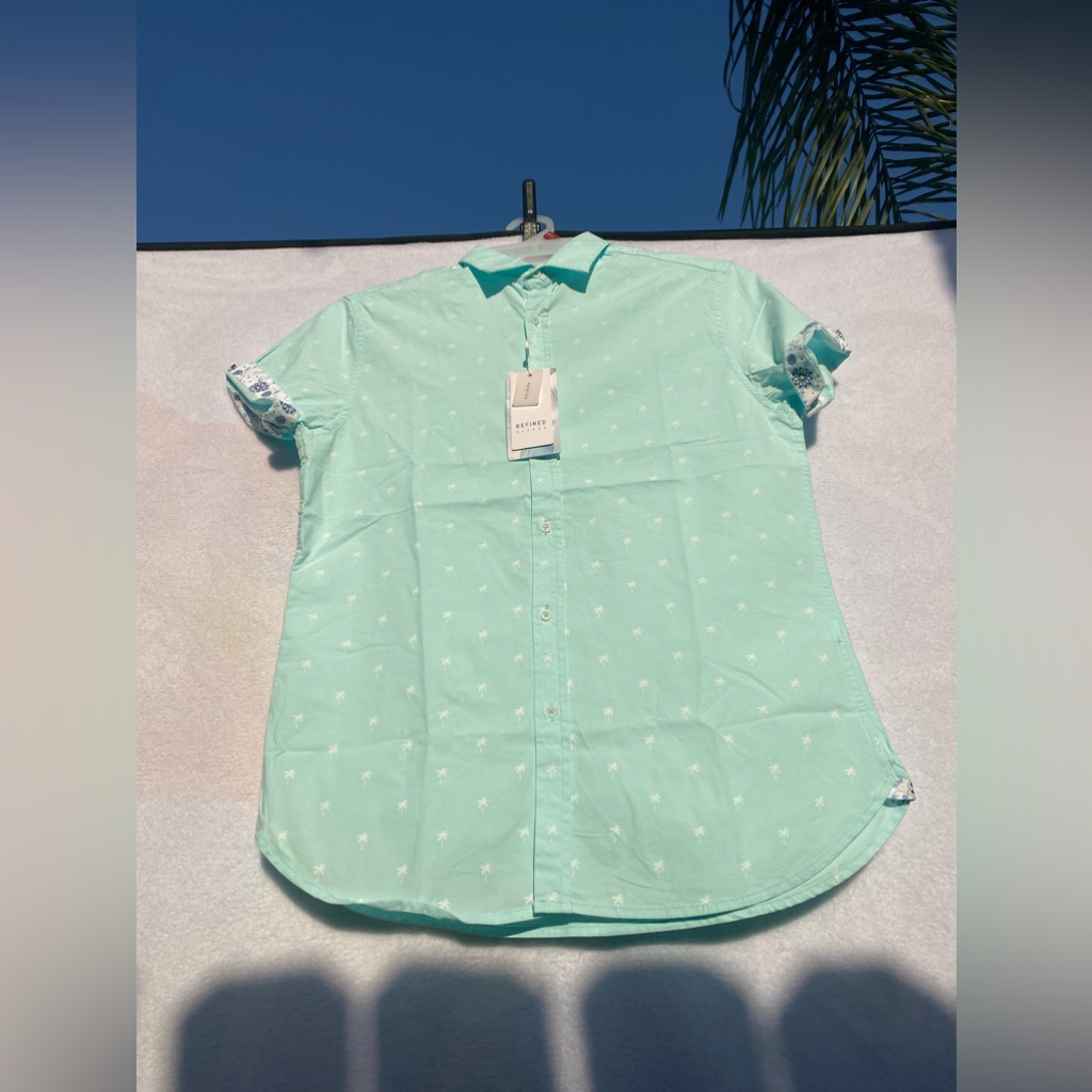 Denim & Flower Ricky Singh Sz S Shirt Button Down Teal Palm Trees Nwt $58